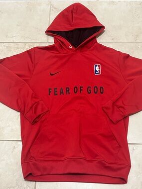 Fear of God Red Hoodie with Black Logo Accents